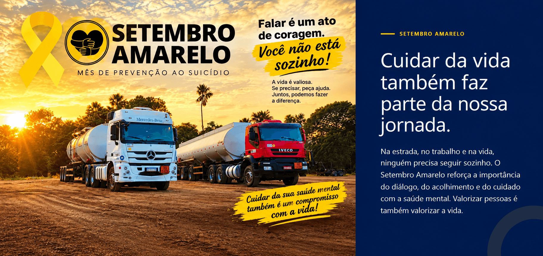 Campanha Setembro Amarelo da Etecon, com dois caminhões e mensagem de valorização da vida